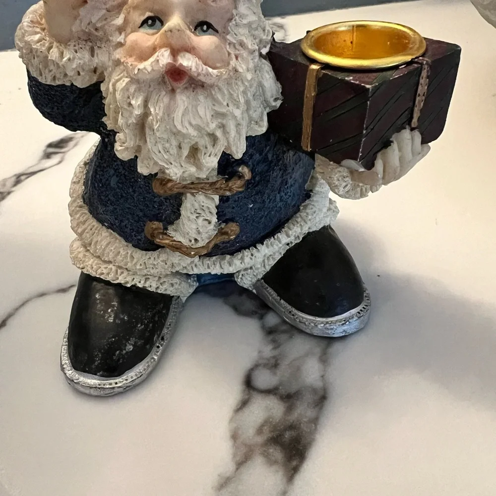 Set of 2 Santa Claus Green/Tan Figurines/Candle Holders FLAW